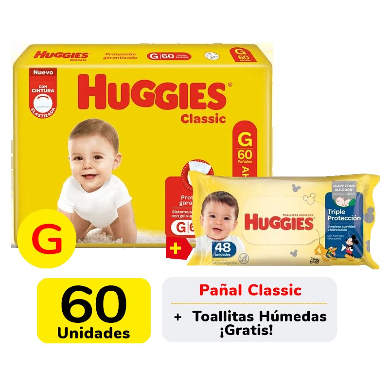 Imagen de HUGGIES CLASSIC AHORRA PACK G 60u + WIPES
